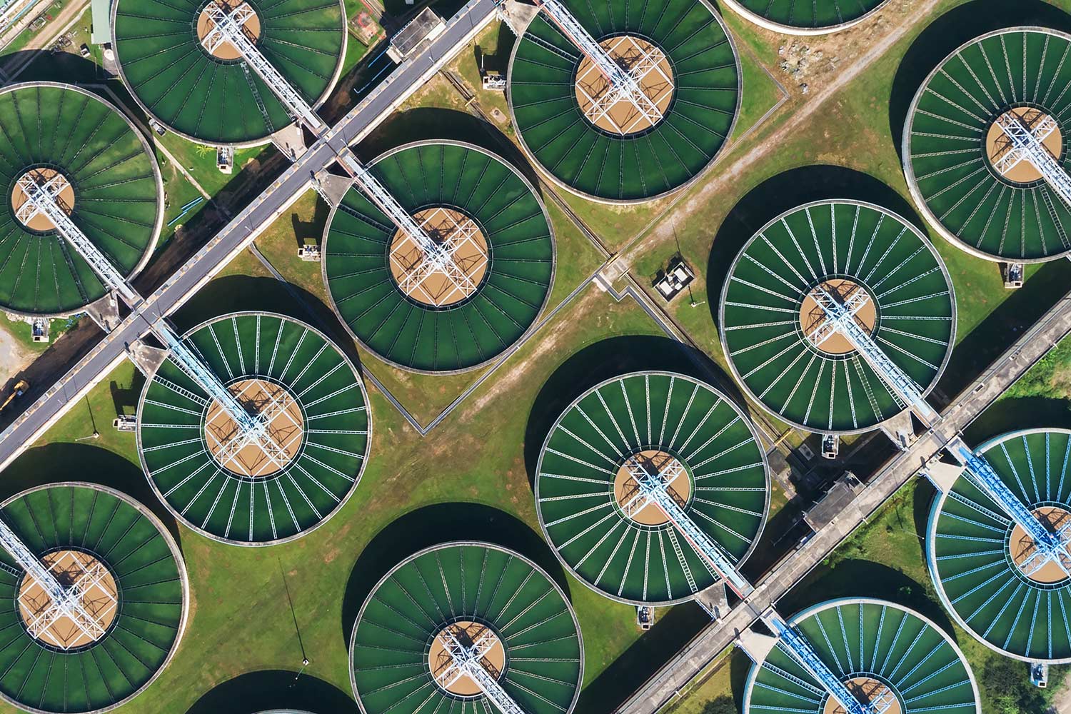 Ariel view of water treatment tanks.