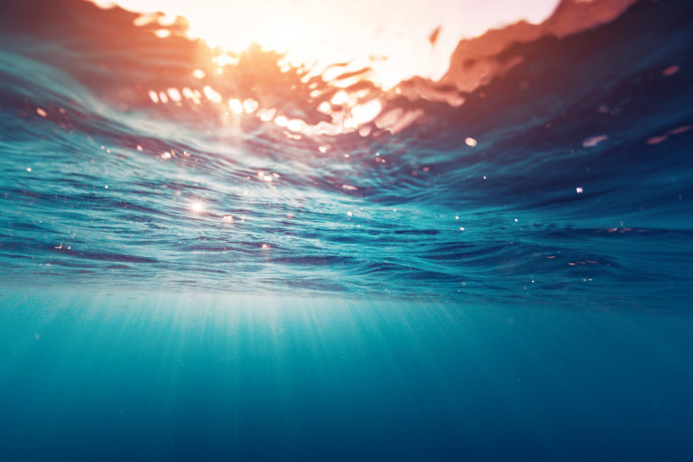 Undersurface of a clear body of water, with light rays permeating through.