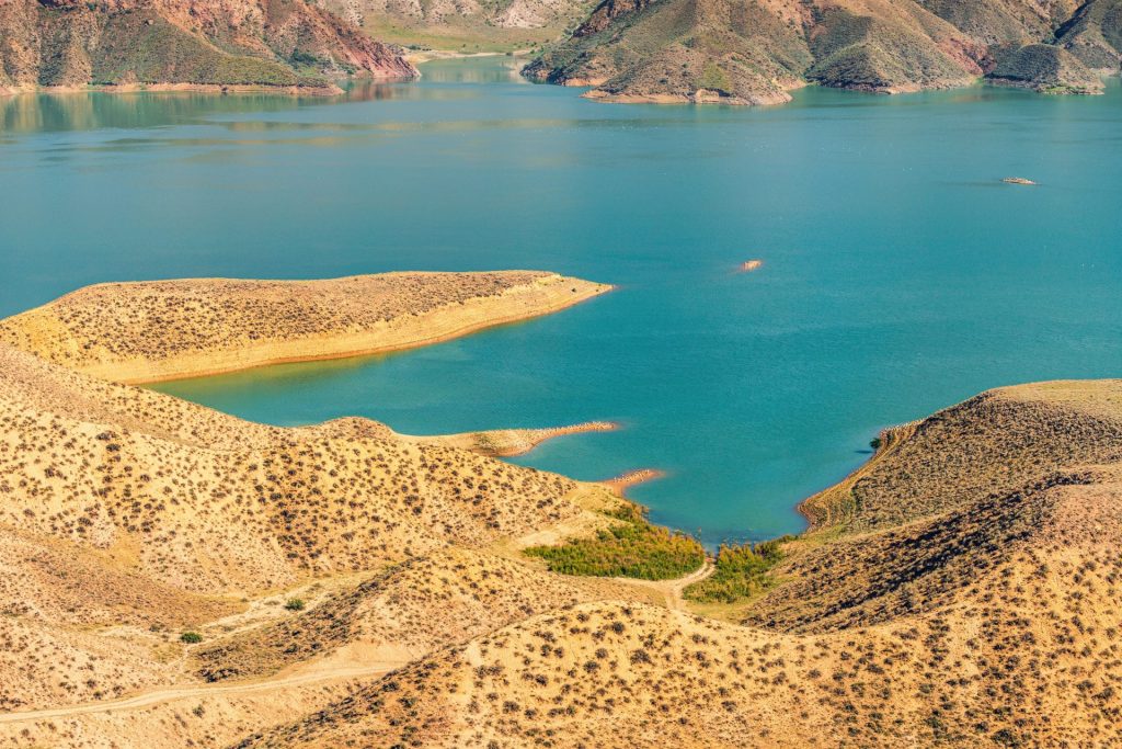 The Azat River in Armenia and arid mountains in the background