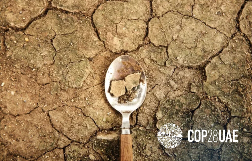 Close up of a spoon lying on a dry, dirt ground, with dirt in it