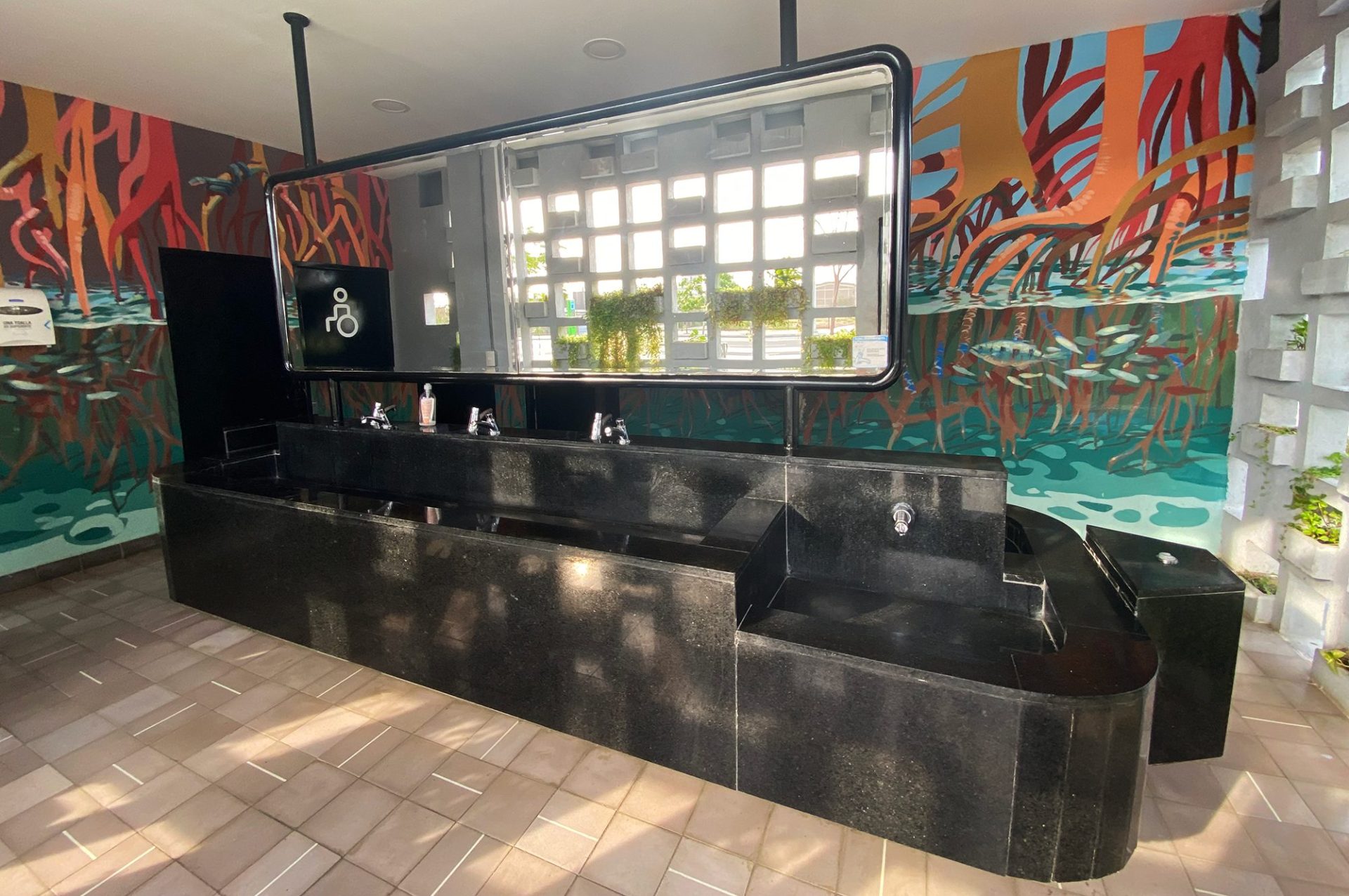 Interior of a public bathroom in Barranquilla, Colombia - dark sinks accessible to people in wheelchair and a colourful wall in the background