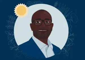 Digital illustration of Kasonde Mulenga, by Cecile Pillon Hue in a circle - with outlines of plants