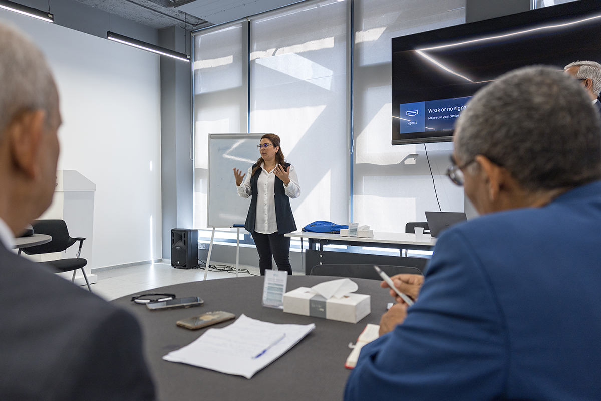 SIWI Lara Nassar presenting in front of a group of people, in an office