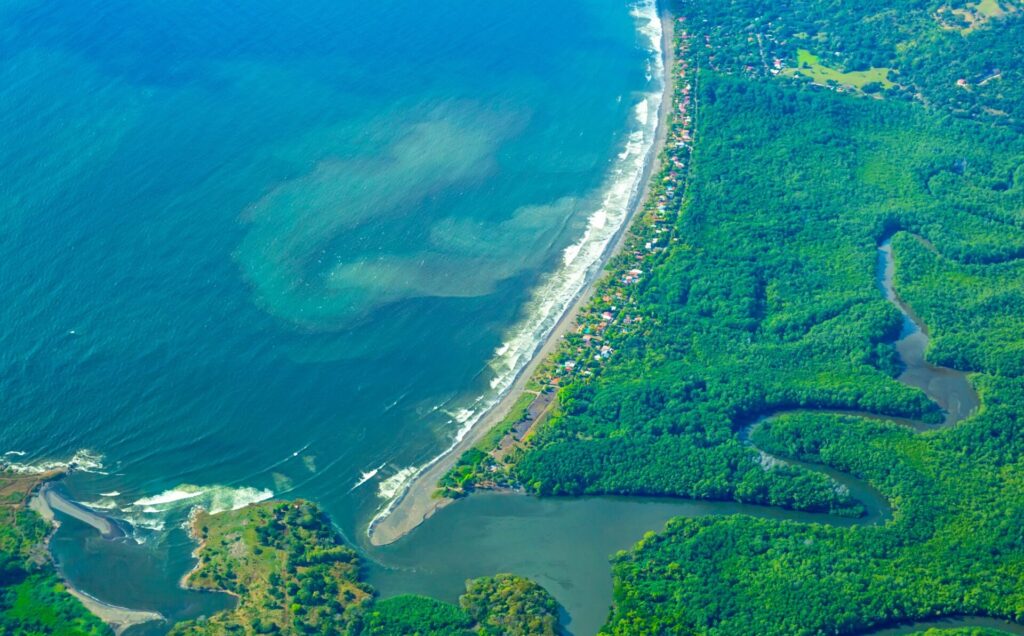 Aerial view of a river delta meeting the ocean