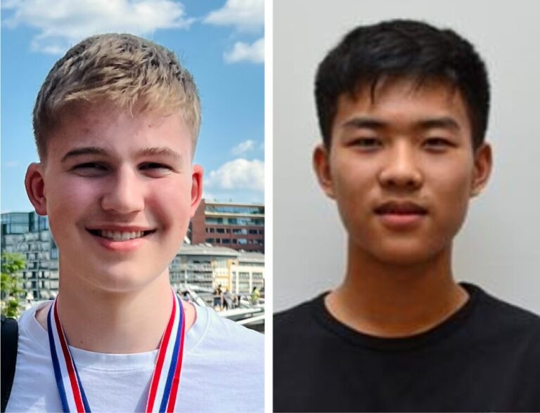 Christopher Whitfield (L) and Wenqi (Jonathan) Zhao from the United Kingdom receive the prestigious Stockholm Junior Water Prize 2024